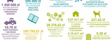 Infografoka prezentują strukturę dochodów i wydatków budżetu miejskiego w Augustowie
